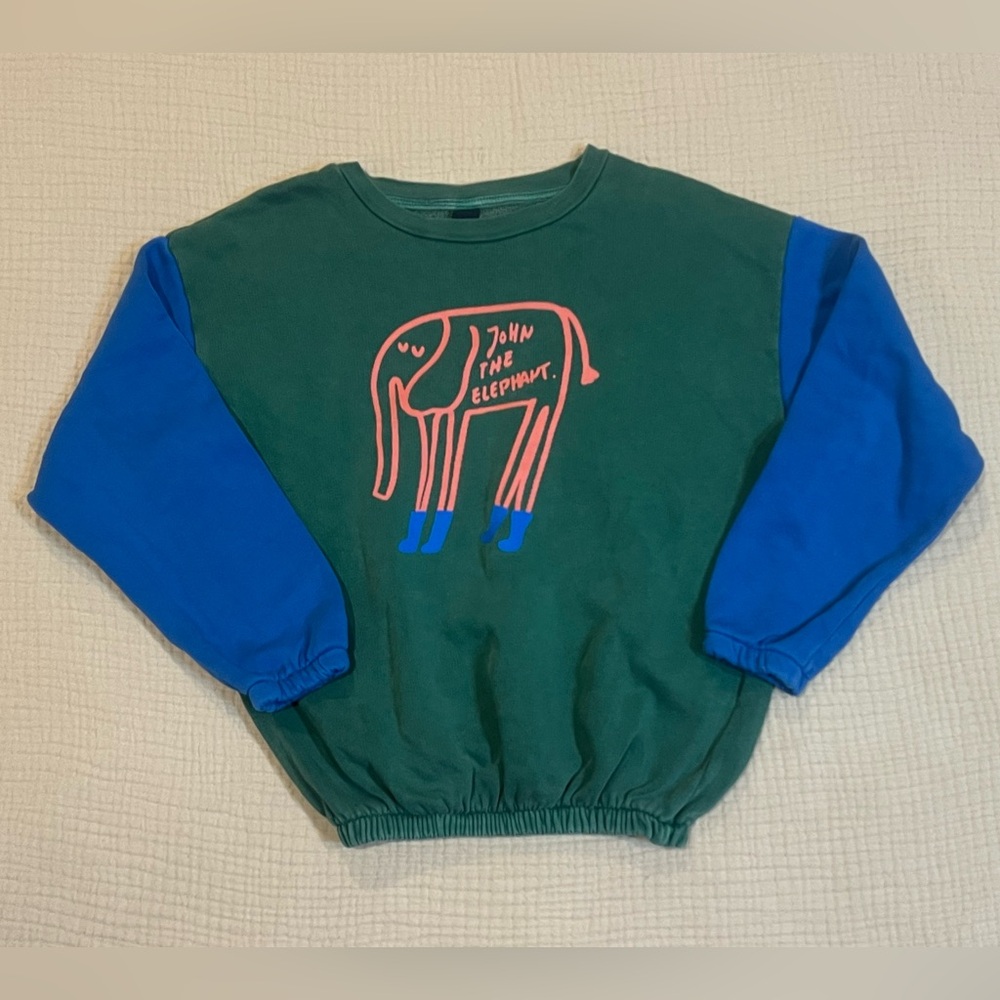 Bonmot Organic John the Elephant Green Crewneck Blue Sleeves Size 8-9 Years